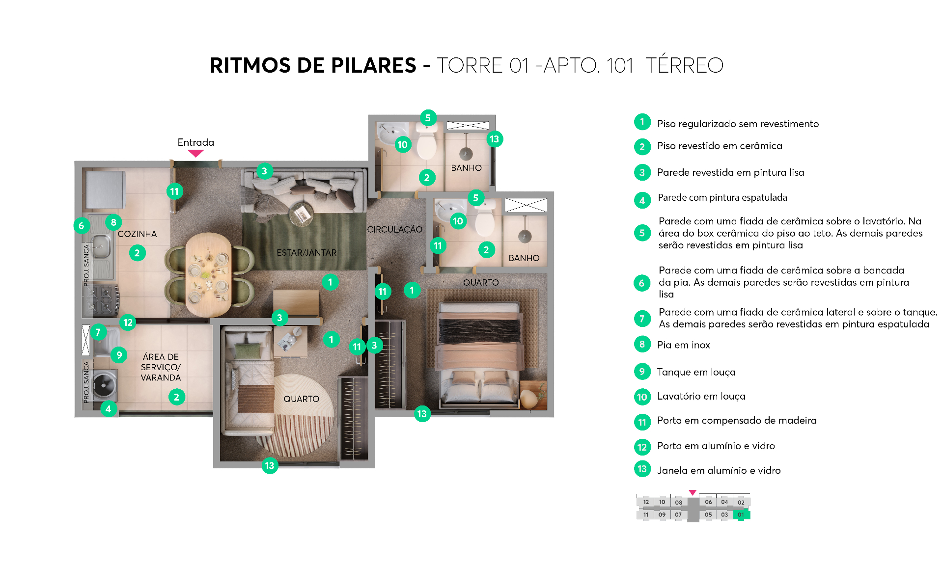 Planta 2 quartos com suíte e varanda — apto 101 térreo